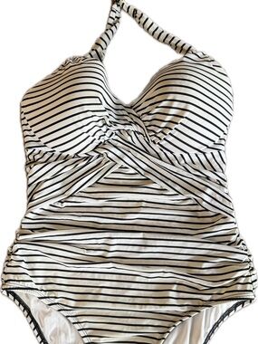 Victoria's Secret Black & White Striped Halter One-Piece Swimsuit 38C